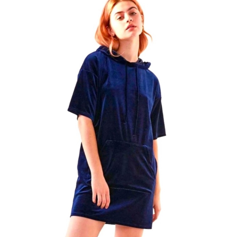 Urban Outfitters Blue Velour Hooded Sweatshirt Dress